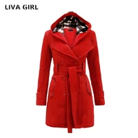 liva girl new womens autumn and winter fashion hooded imitation wool coat long section of double breasted solid color slim coat