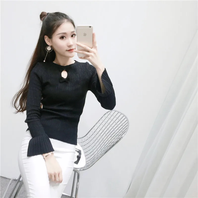 Осенне-зимний свитер для женщин 2018 Новый однотонный вязаный с бантом и