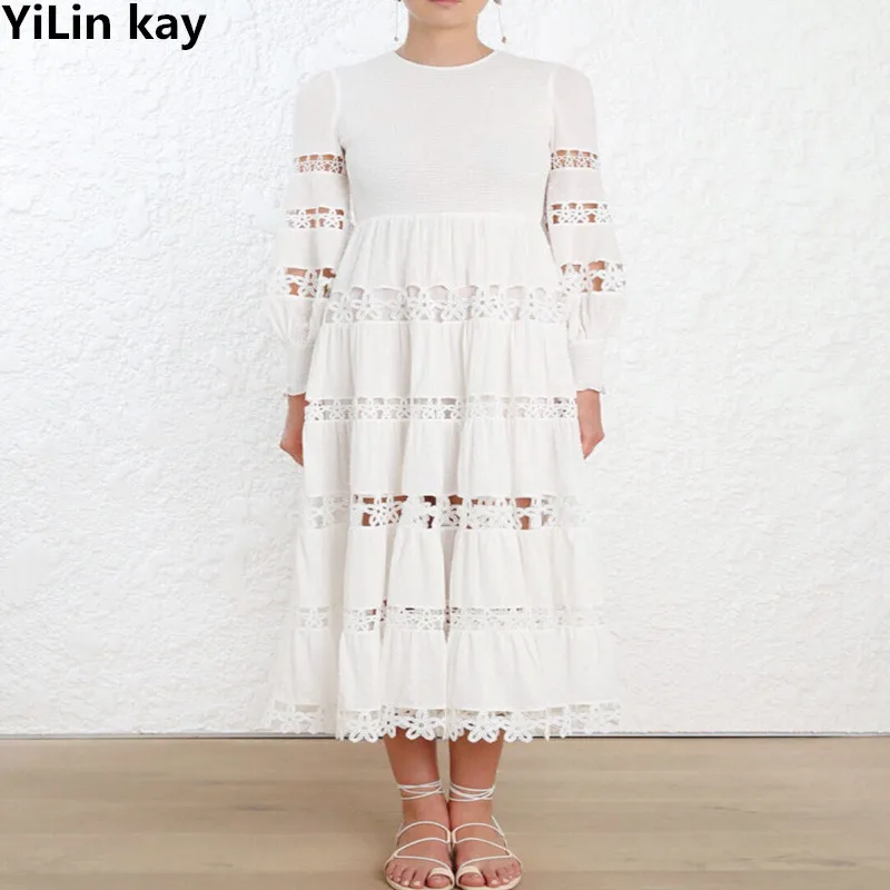 Женское длинное платье YiLin kay белое кружевное с вышитыми цветами весна 2019|Женские