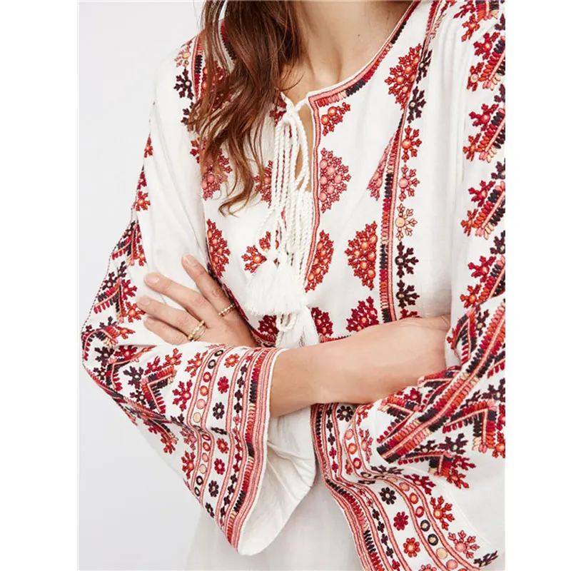 

Bohemian Floral Embroidered Women Dresses Starlight Mini Holiday Boho Dress Neckline with Tie Sexy Casual Summer Hippy Vestidos