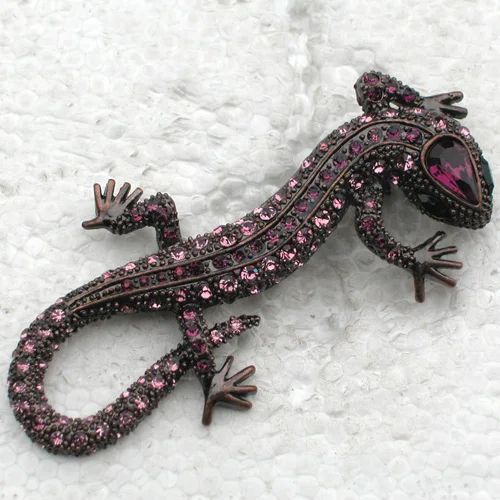 

Antique copper Purple Rhinestone Gecko Pin brooches C2003 D3