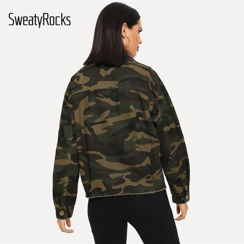 SweatyRocks, камуфляжная джинсовая куртка с необработанными краями и карманами, уличная одежда, однобортные куртки, весенние женские пальто и куртки