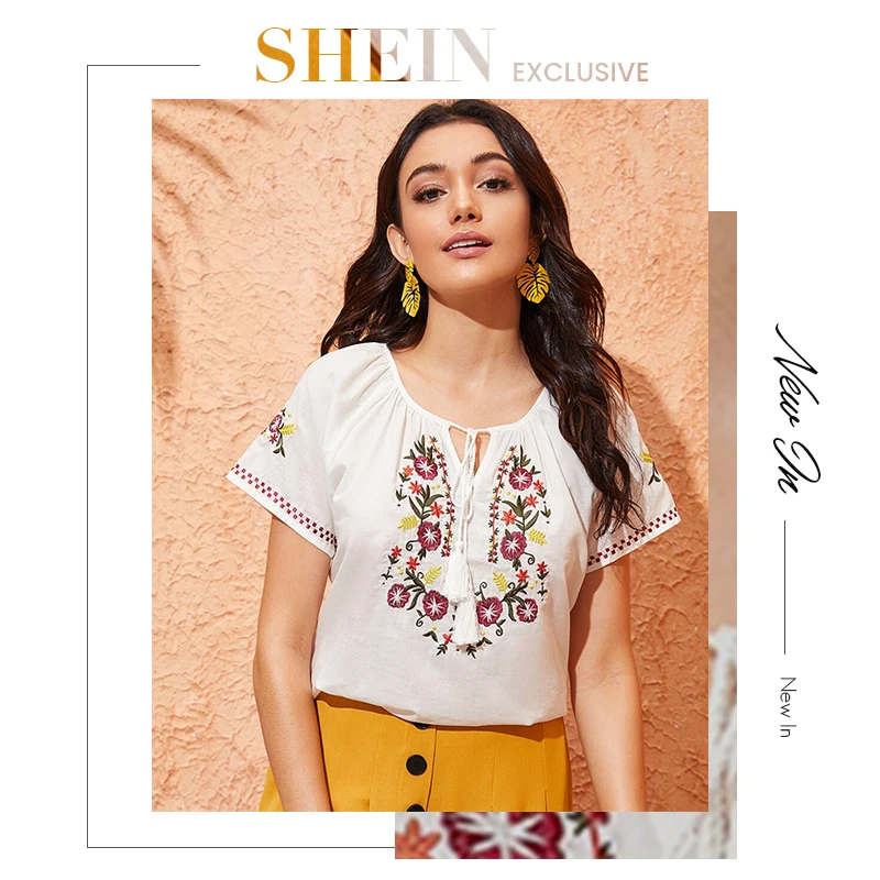 SHEIN богемский белый топ с вышивкой и кисточками Peekaboo, женская летняя блузка с круглым вырезом, женские блузки с коротким рукавом