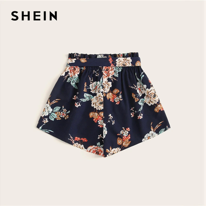 SHEIN шорты с цветочным принтом и поясом,, темно-синие, Boho, высокая талия, эластичная талия, женские свободные летние шорты
