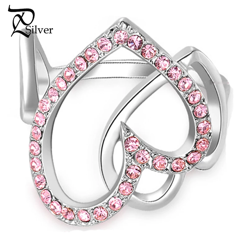 925 ювелирные изделия посеребренные розовый двойной кристалл сердце Кольца