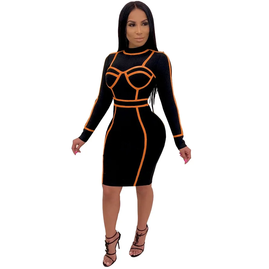 Женское облегающее мини-платье Joiekuno в полоску с длинным рукавом круглым вырезом