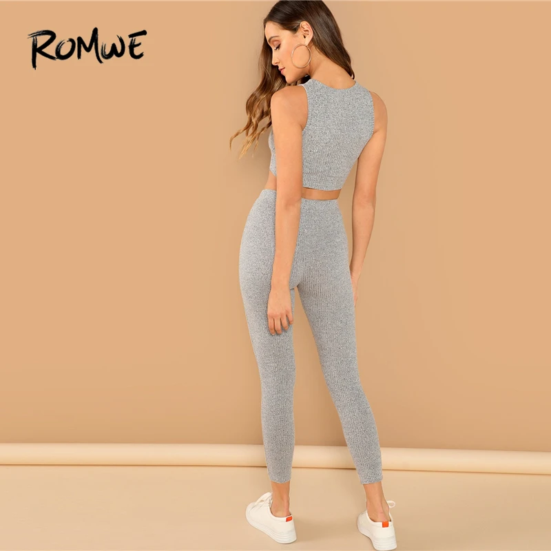 Romwe Спорт Серый шнурок Heathered из двух частей женский вязальный резервуар укороченный топ и леггинсы женские спортивные костюмы тренажерный зал обучение 2 шт