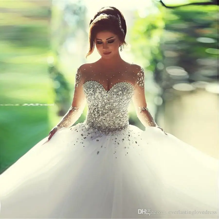 

Saidmhamad Sheer Sweetheart Heavy Crystals Ball Gowns Long Sleeves Wedding Dress Bridal Dress vestido de noiva