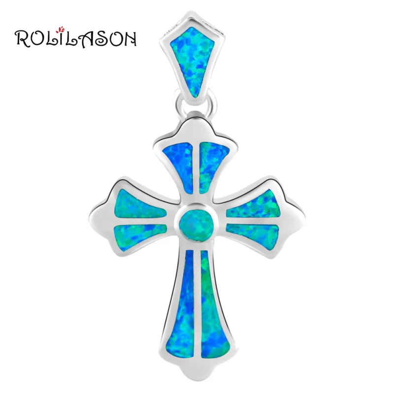 ROLILASON women cross design White Fire Opal Silver Stamped charm Pendant Health Fashion jewelry OPs699 | Украшения и аксессуары