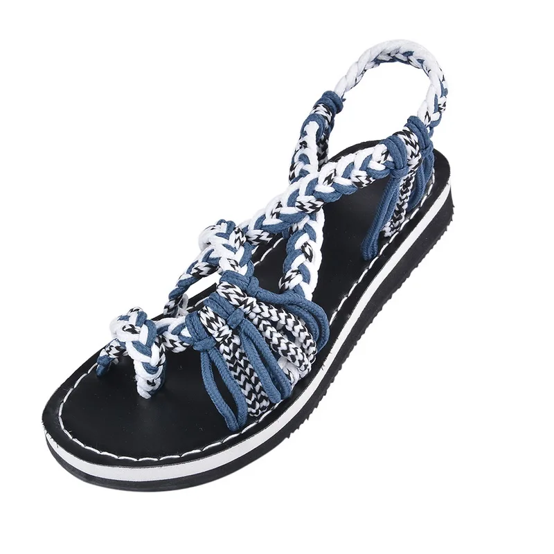 Blue white MoneRffi/женские летние сандалии на плоской подошве; тапочки тканевые сандалии с перекрестным носком; Повседневная обувь; сандалии-гладиаторы; сандалии с плетением - Цвет: Blue white