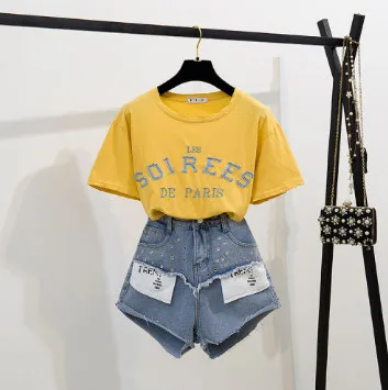 Женские футболки с буквенным принтом топы + короткие джинсовые комплекты Conjuntos 2019