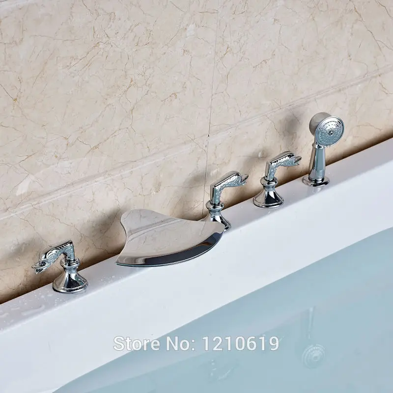 Newly Modern Style Bathtub Faucet w/ Handheld Shower Deck Mount Chrome Tub Mixer Tap Three Handles | Обустройство дома