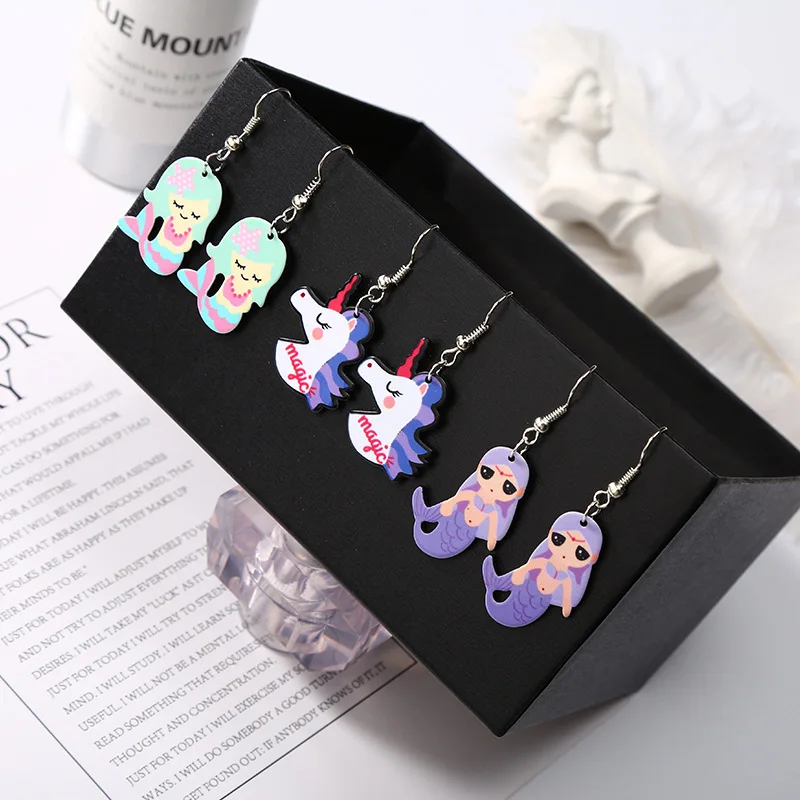 

6 Kinds Fancy Colors Cartoon Unicorn Horse & Mermaid Cute Dangle Earrings for Girls Kids Drop Earrings for Women