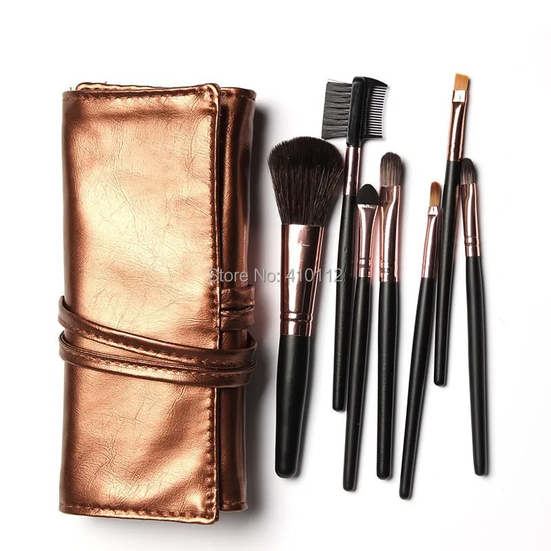 Высокое качество 7 кистей для макияжа Набор в гладкий коричневый кожаный мешок
