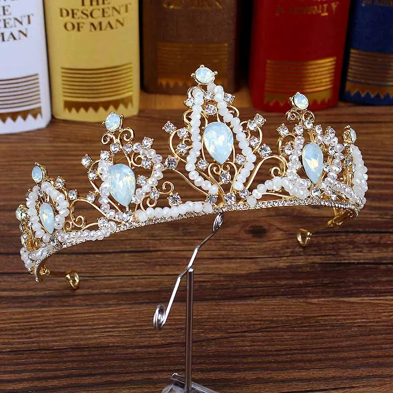 opal diadem Роскошные Свадебные короны в стиле барокко с кристаллами и бусинами, ручная работа, жемчужная тиара, ободки, стразы, диадема, королевские свадебные аксессуары для волос - Окраска металла: opal diadem