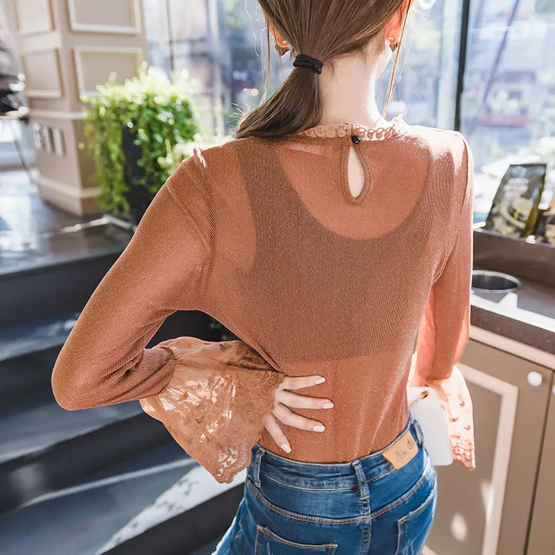 Осенняя блузка Для женщин с расклешенными рукавами яркие шелковые лоскутное