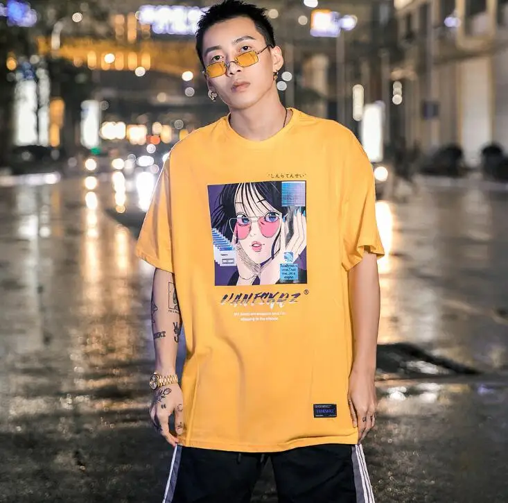 Японская девушка печати уличная Летняя мужская веселое Harajuku Повседневная