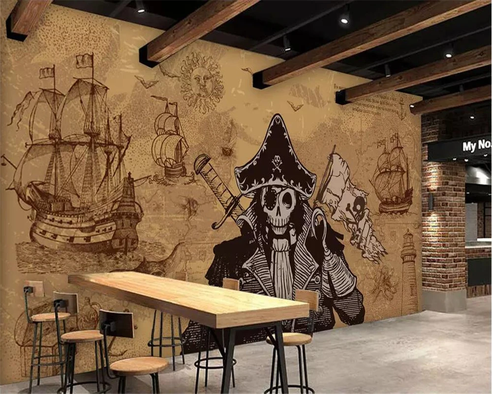 

beibehang Custom Wallpapers papel de parede 3d Photo Murals Europe and America Retro Pirate Boat Bar Cafe Background Wall papers