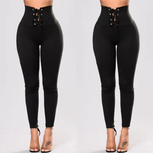 

New Women Black Pants High Waist Empire Lace-up Fitness Leggings Stretch Bodycon Slim Solid Causal Rompers Trousers Bottoms Wear