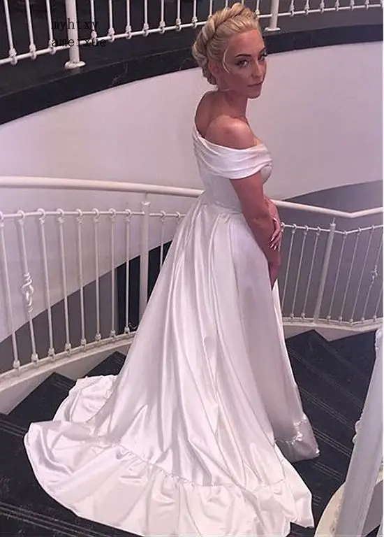 

Beach Vestido De Noiva 2020 Cheap Wedding Dresses V-neck Off The Shoulder Satin Boho Dubai Arabic Wedding Gown Bridal Dresses