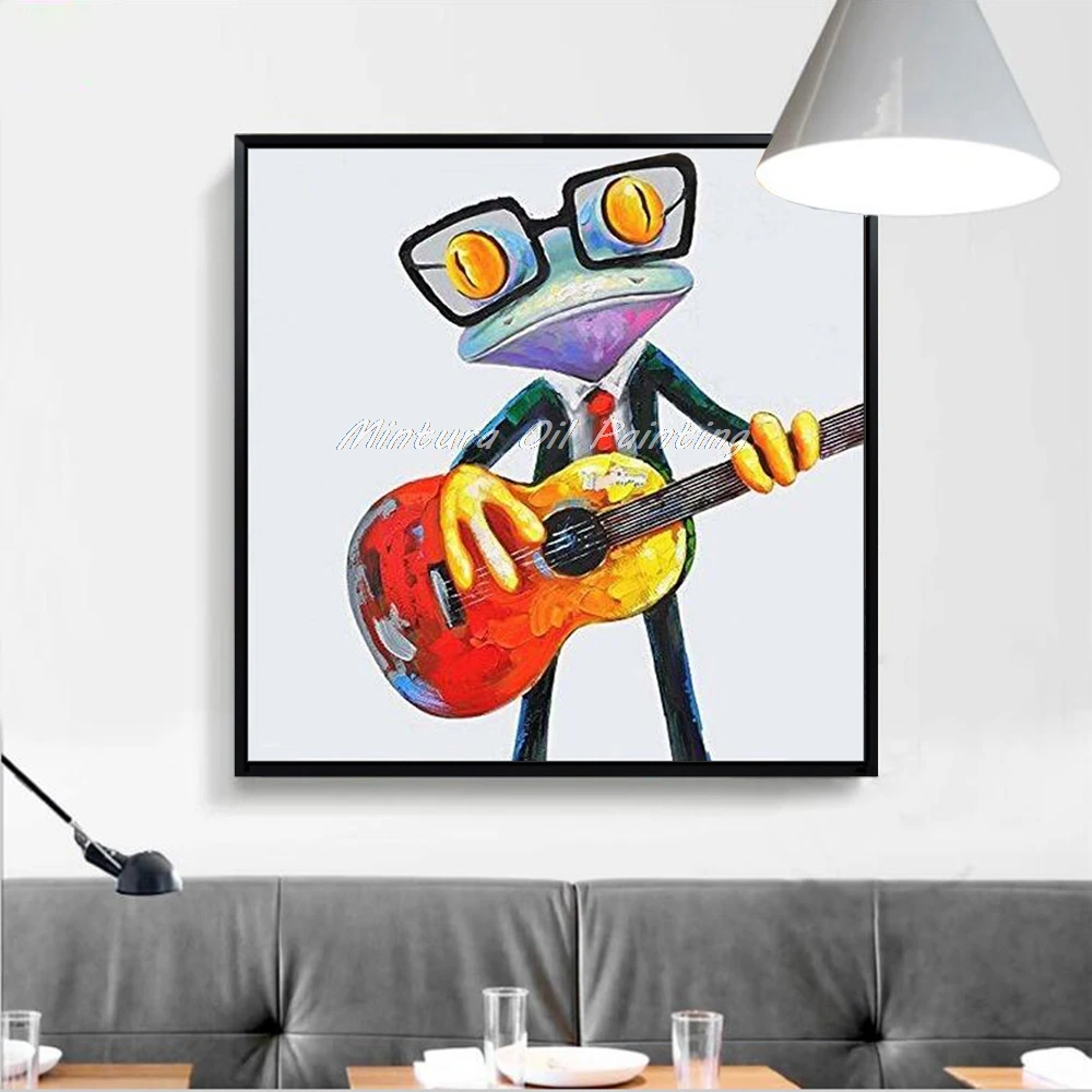 New! Large Hand Painted Modern Abstract Cartoon Animal Oil Painting On Canvas Music Frog Wall Art For Children's Room Home Decor