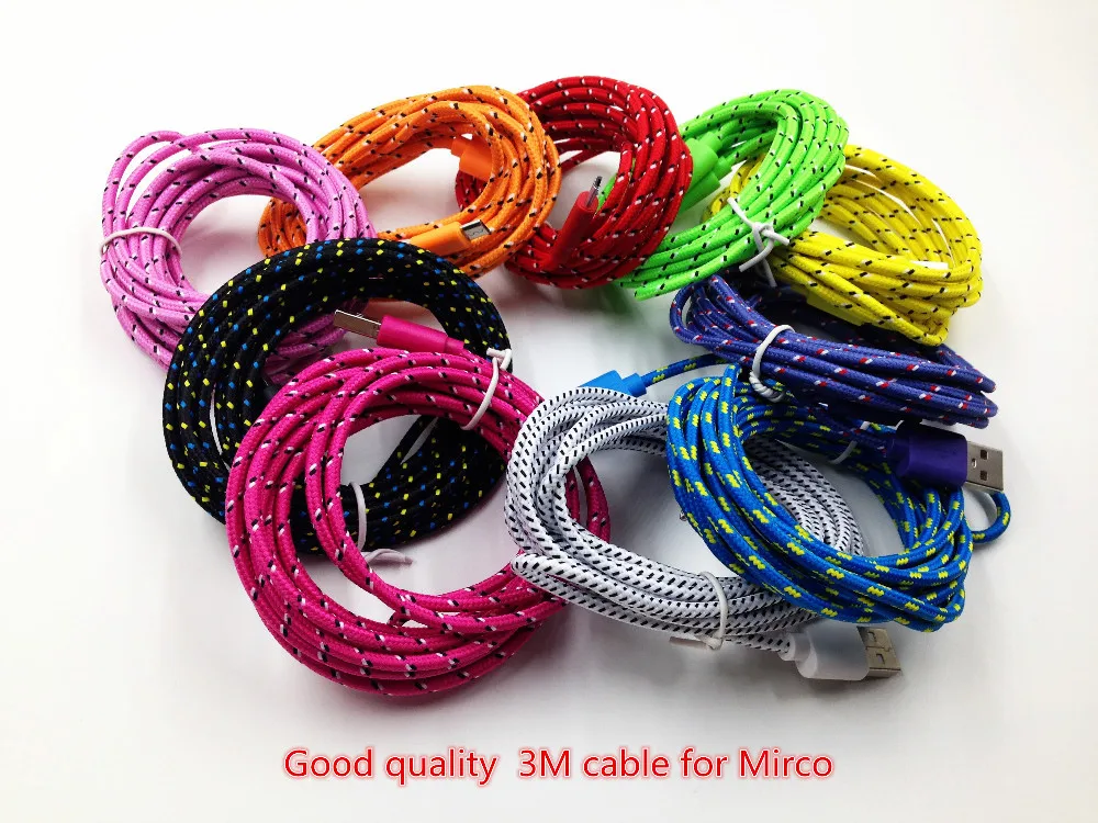 100 шт./лот плетеный провод Micro USB кабель 3 м 9 футов Синхронизация Нейлон Плетеный 5pin