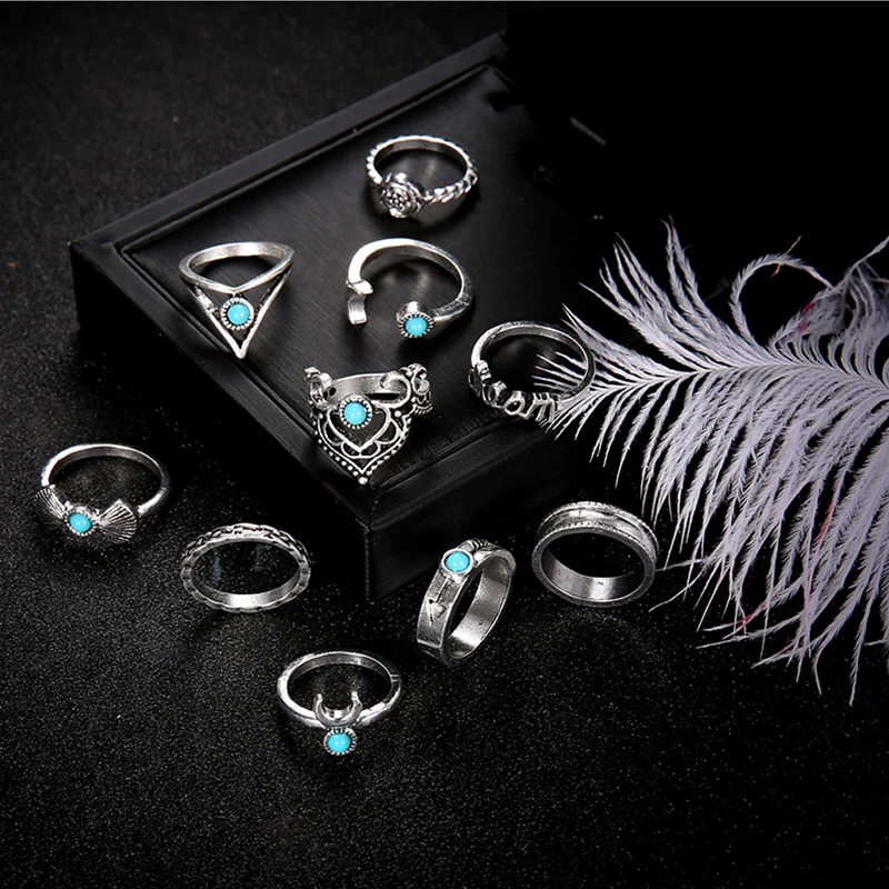 10 Pcs/Set Women Charm Bohemia Retro Moon Fatima Letter Flower Arrow Shell Crown Gem Opening Ring Set Party Wedding Jewelry Gift | Украшения