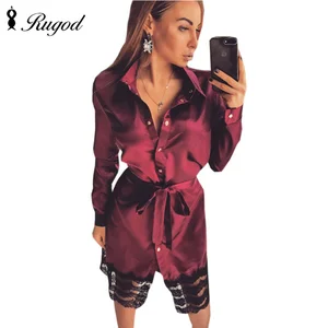 Rugod 2021 новая весенне-летняя длинная рубашка, Женская кружевная шелковая блузка в стиле пэчворк, женские блузы, повседневные блузы с длинным рукавом