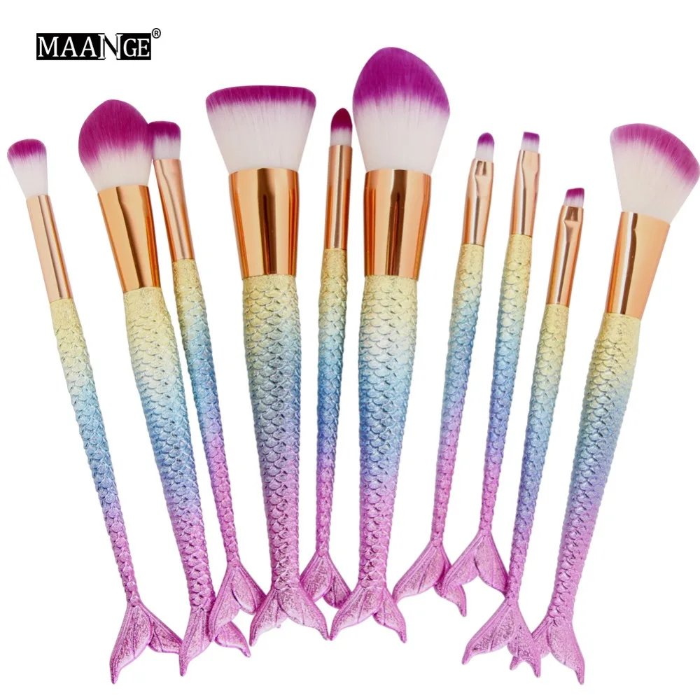 MAANGE 10PCS Mermaid Makeup Brushes Kit Eyebrow Eyeliner Blush Eye Shadow Contour Foundation Brush Set Cosmetic Make Up Tools | Красота и
