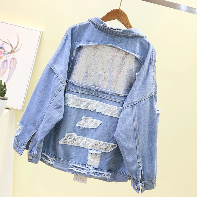 2019 Весенняя джинсовая куртка с серебряными пайетками женские корейские