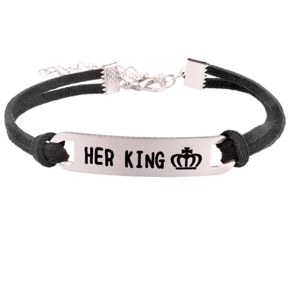 Браслет из нержавеющей стали с надписью «Her King His queen», ювелирные изделия, очаровательный браслет с узором в виде короны, ювелирные изделия для влюбленных пар - Окраска металла: Посеребренный
