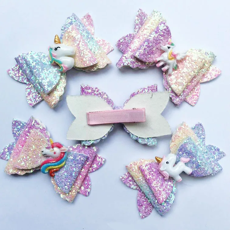 Hair Accessories Bows for Girls Shiny Glitter Clips 3'' Cute Elk Unicorn Hairpins Kids Princess Accessory | Детская одежда и