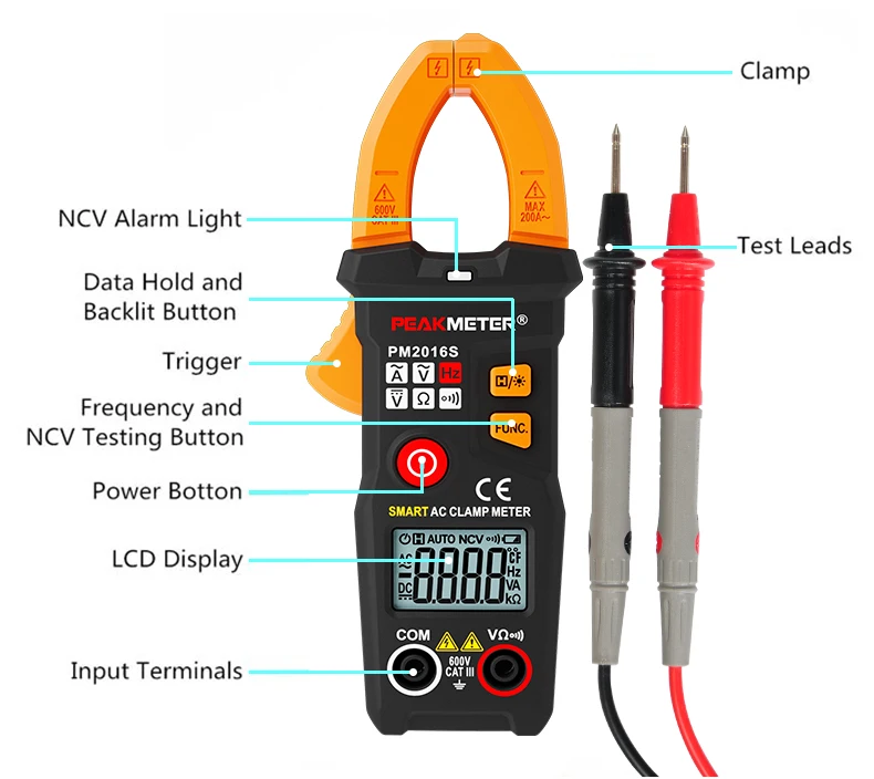 Официальный PEAKMETER PM2016S умный мини цифровой AC клещи мультиметр с сопротивлением частоты удержания данных NCV тестер