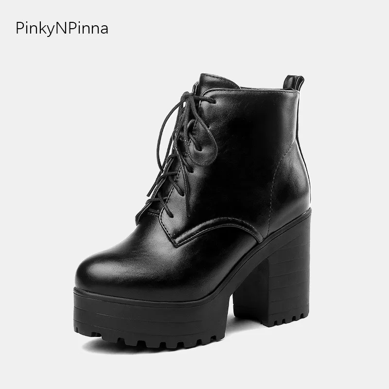 

women ankle boots super high platform square heels laced up street Gothic fashion design stylish motor riding booties for ladies