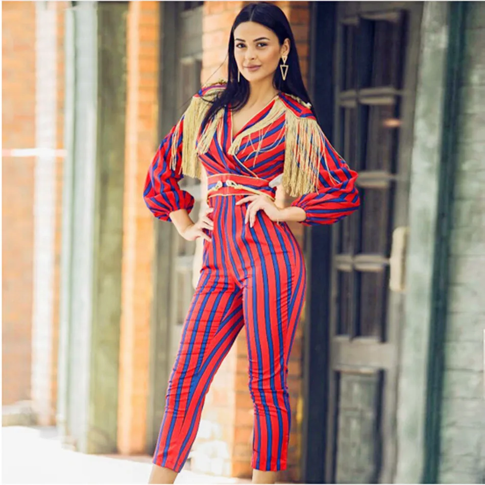 DressBird, новейший весенний женский комбинезон, комбинезоны, элегантные, в полоску, с кисточками, тонкие, красные, синие, с длинным рукавом, для подиума, вечерние, комбинезон, боди