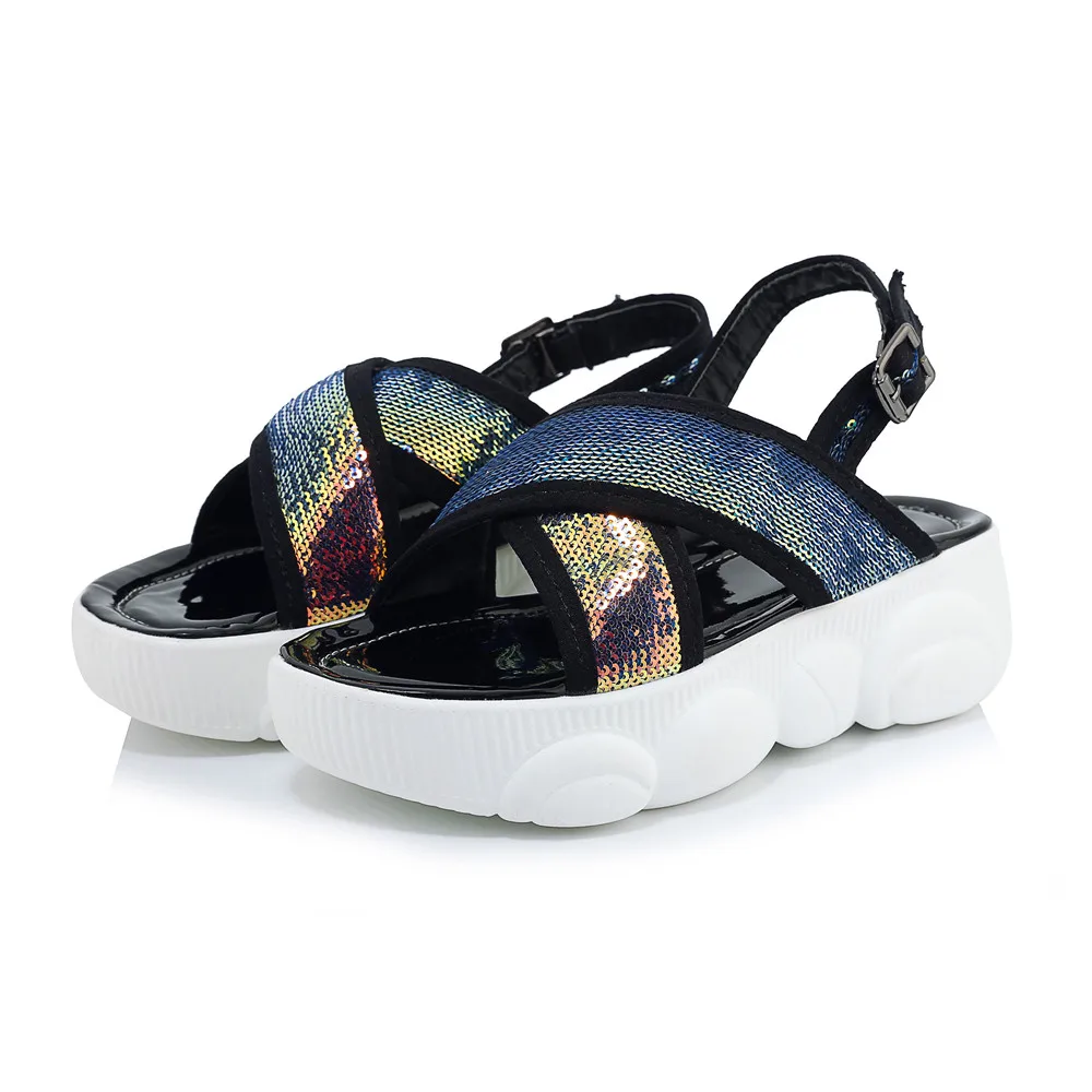 black sandals Новые модные сандалии со стразами; женская летняя обувь с перекрестными ремешками; большие размеры 44, 44, 45, 46 женские босоножки на платформе с открытым носком и пряжкой - Цвет: black sandals