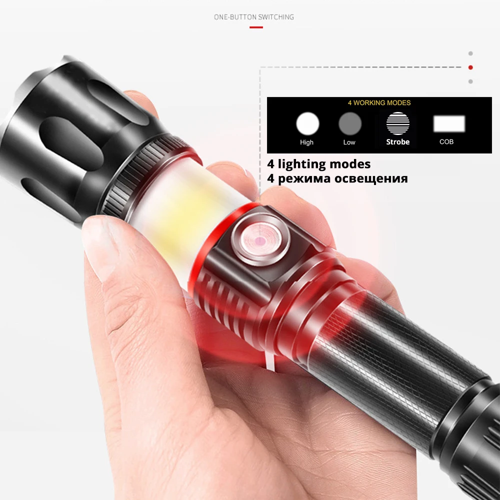 Usb зарядка высококлассный светодиодный фонарик окружающий COB лампа+ с магнитом на хвостовой части дизайн Поддержка зума 4 режима освещения водонепроницаемый фонарик