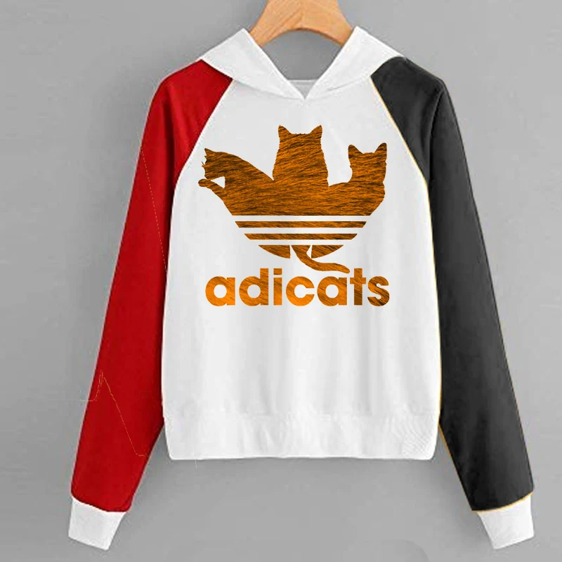 Новые модные женские туфли adicats толстовки с капюшоном и принтом kawaii harajuku женские с капюшоном и длинными рукавами Повседневное забавные без рукавов с принтом кошки, свитшоты в стиле пэчворк