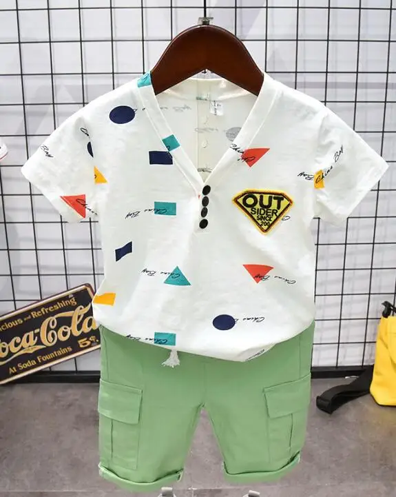 green set Детская одежда коллекция года, летняя одежда для мальчиков футболка+ шорты, штаны комплект из 2 предметов Детский костюм для мальчиков от 2 до 6 лет - Цвет: green set