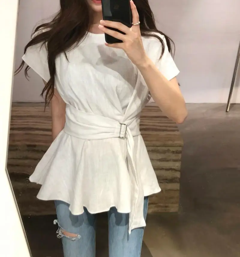 Новая однотонная белая рубашка Весенняя женская Повседневная блузка с коротким