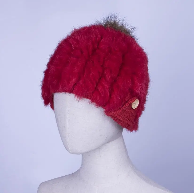 red YC Fur милые шапки для девочек, шапки бини, зимний теплый вязаный кроличий мех, шапка из шерсти, шапка для женщин из меха енота, шапки с помпонами, шапки бини для женщин - Цвет: red