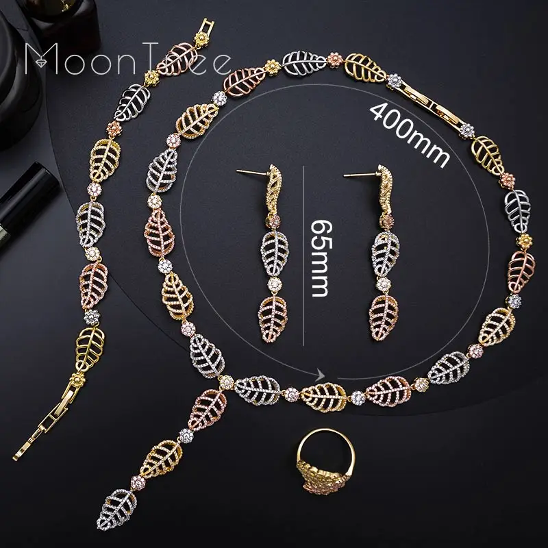 

MoonTree Luxury Exclusive Leaf Full Cubic Zirconia 3Tone Women Wedding Engagement Bridal Necklace Bracelet Earring Ring Set
