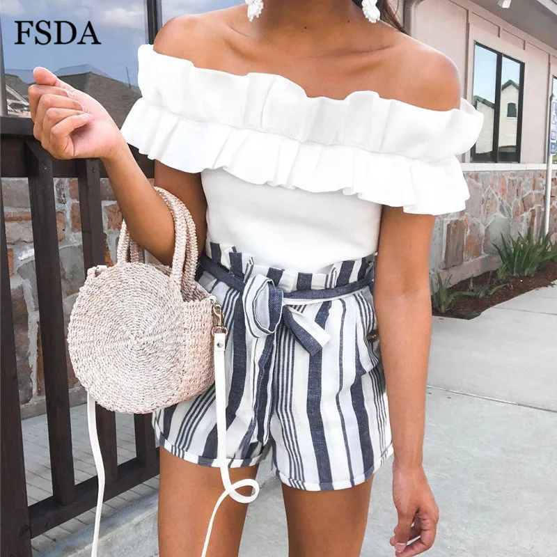 Женские шорты в полоску FSDA мини с высокой талией и карманами лето 2019|Женские
