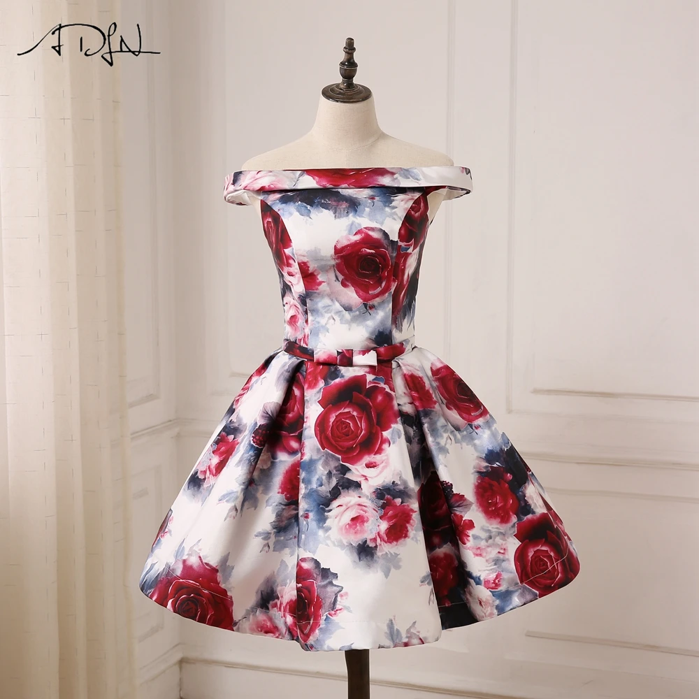 ADLN Cheap Off the Shoulder Floral Print Cocktail Dresses Lace-up Back A-line Mini Length Prom Party Gowns Custom Made | Свадьбы и