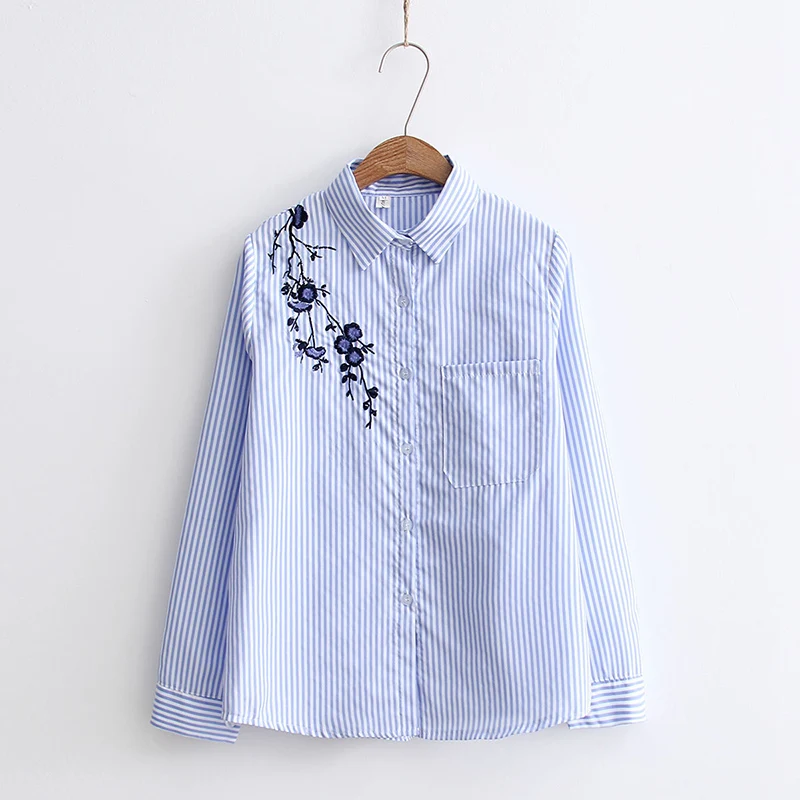 DAIQIANNI Pocket Striped Shirt Women 2018 Spring Flower Embroidered Blouse Long Sleeve Cotton Loose Camisas Mujer Tops |