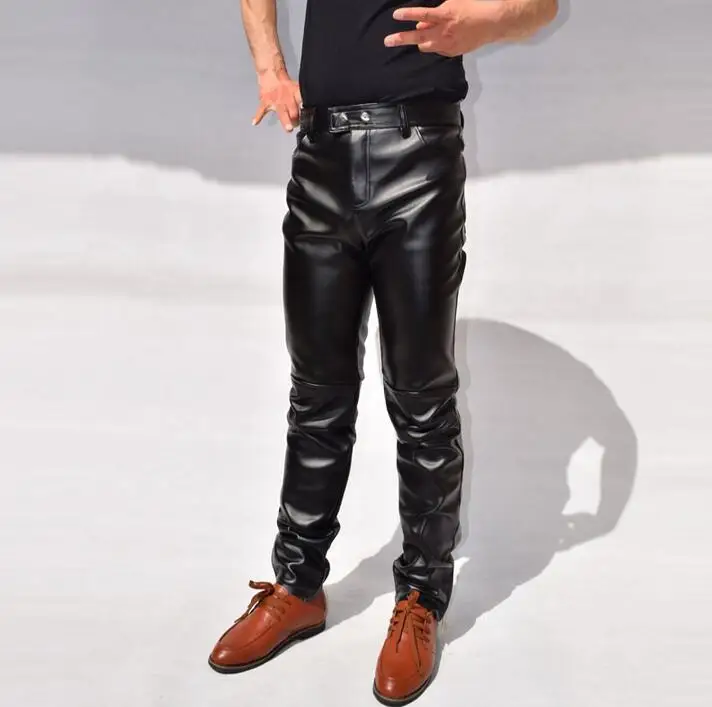 Slim male leather pants mens punk mens leather trousers tight male zipper personalized patchwork motorcycle feet pants black