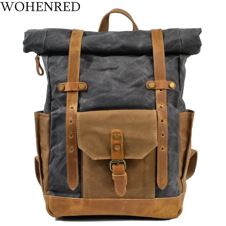 Brand Vintage Laptop Backpack Men Canvas Leather College Weekend School Bags Casual Bookbag Mens Waterproof Travel Bag Rucksack