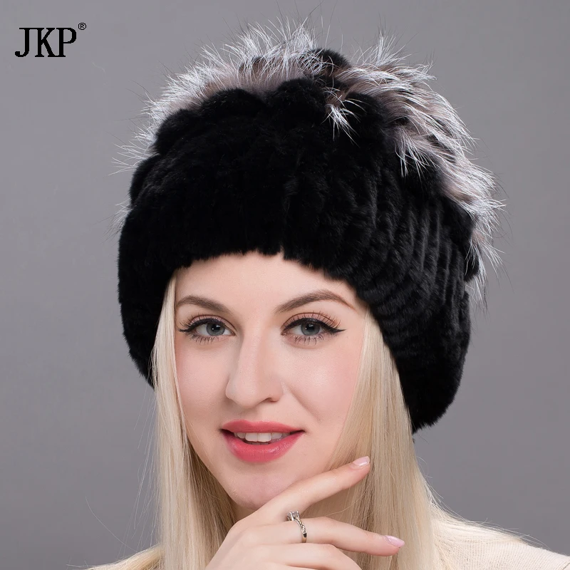 Новый Для женщин кролик меховая шапка с лисьим мехом Швейные цветок голову ремни