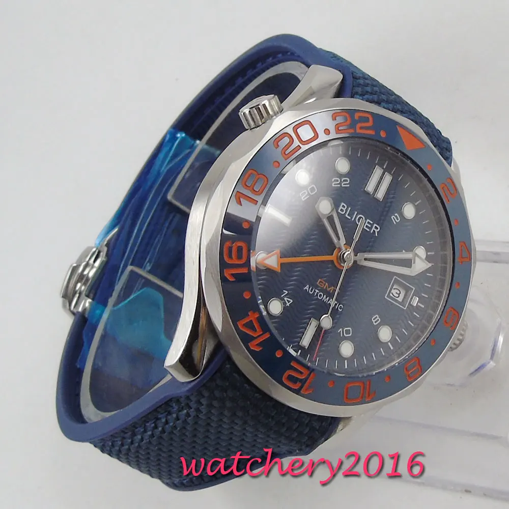 41mm bliger Blue dial shallow waves sapphire glass GMT date automatic mens watch