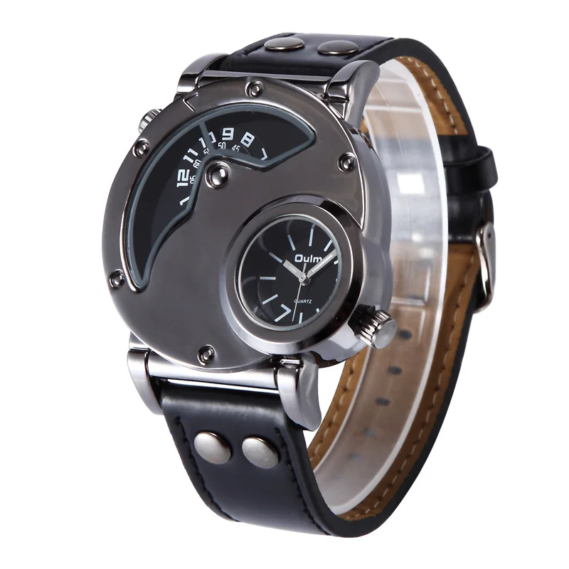 

Oulm Men Military Watches Two Time Zone Unique Quartz Watch for Male Casual PU Leather Sport Men's Wristwatch relogio masculino